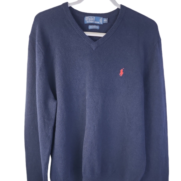 Polo Ralph Lauren Navy Lambswool Sweater Men's XXL V-neck Pullover Vintage - Picture 5 of 5